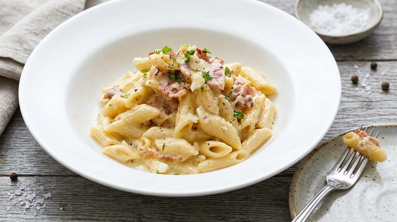 Miska kremowego penne z boczkiem posypana startym parmezanem i świeżą natką pietruszki