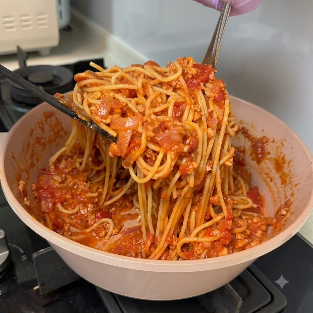 Nietknięte nitki spaghetti unoszone i mieszane w gęstym sosie mięsno-pomidorowym na patelni.