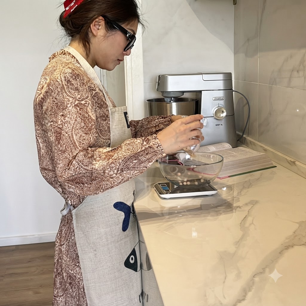 Osoba wsypująca orzechy pini do szklanej miseczki stojącej na cyfrowej wadze kuchennej.