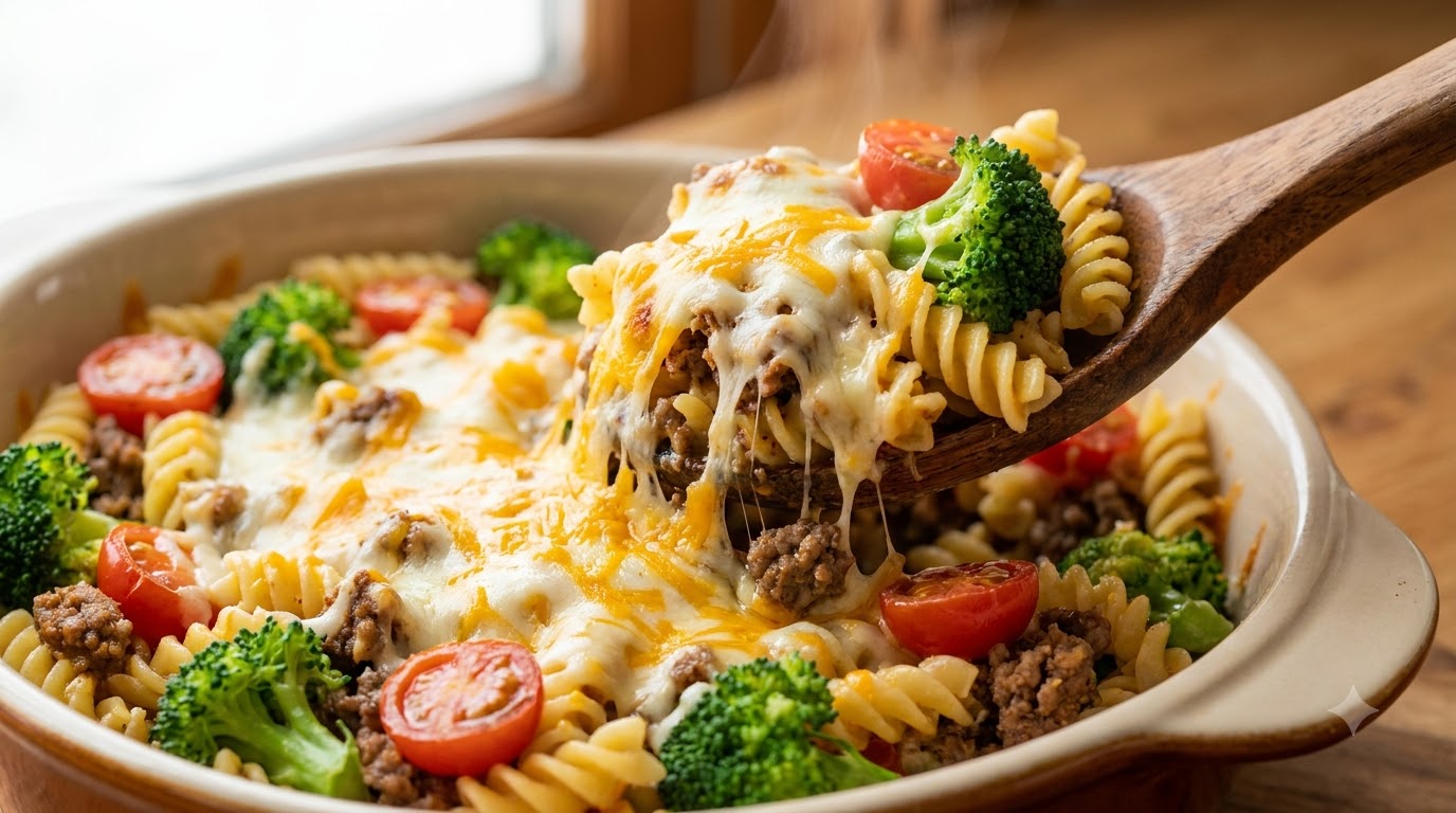 Serowa zapiekanka fusilli z wołowiną i brokułami