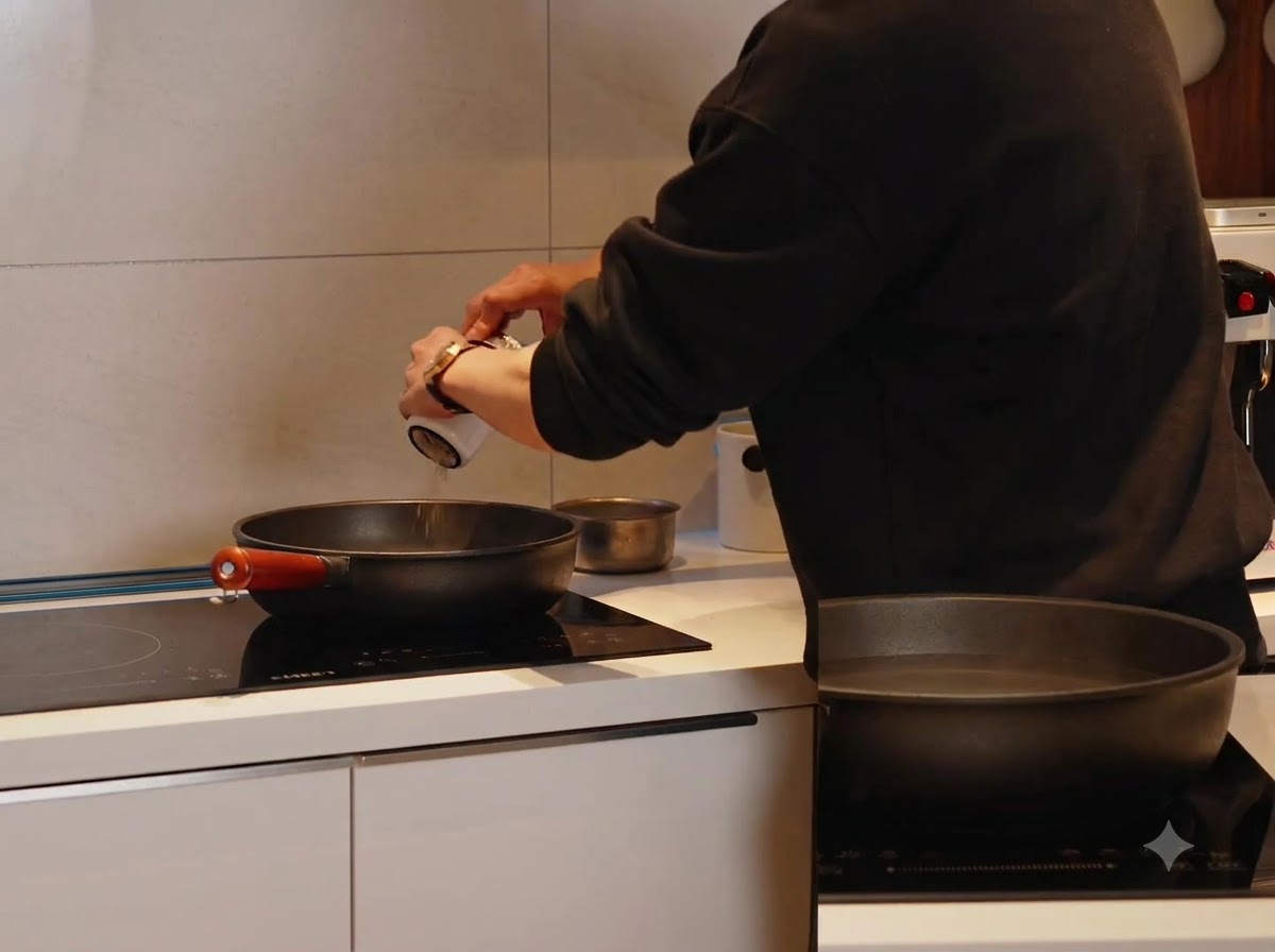 Suchy makaron spaghetti dodawany do garnka z gotującą się, osoloną wodą.