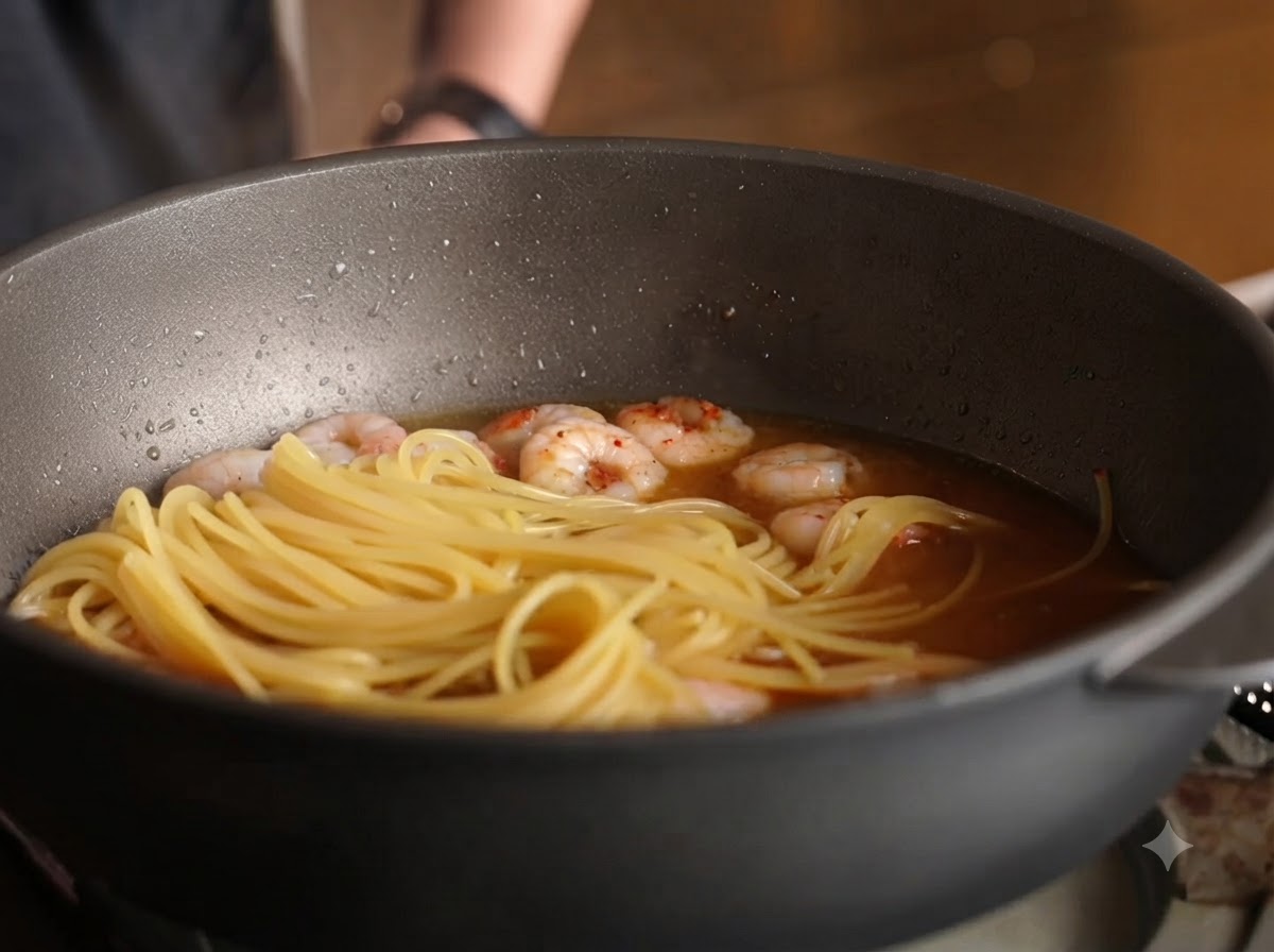 Makaron spaghetti i krewetki duszące się razem z sosem na patelni.
