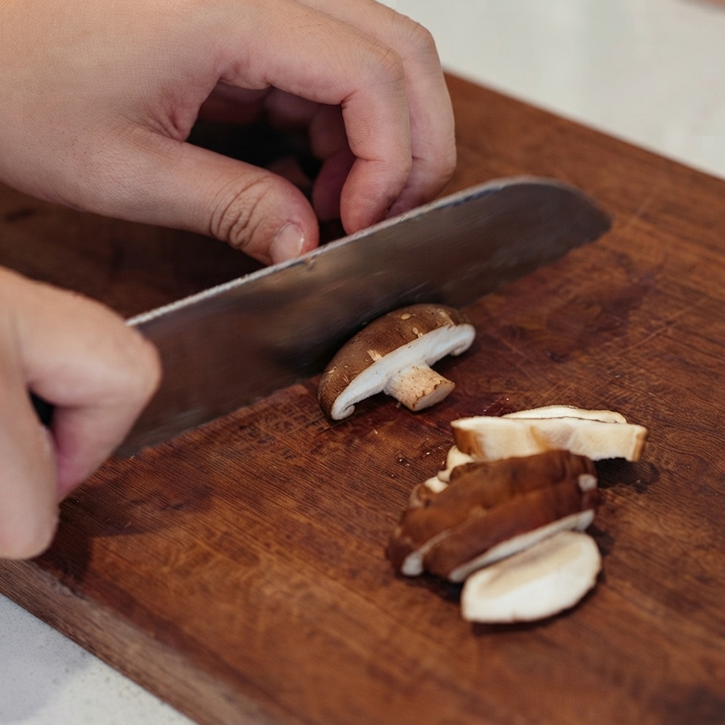 Ręce ostrożnie krojące świeże brązowe grzyby shiitake na drewnianej desce do krojenia.