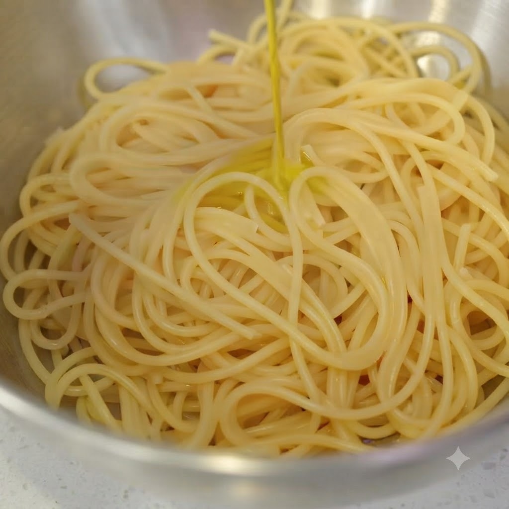 Złocista oliwa z oliwek wylewana na kopiec ugotowanego makaronu spaghetti wewnątrz miski ze stali nierdzewnej.