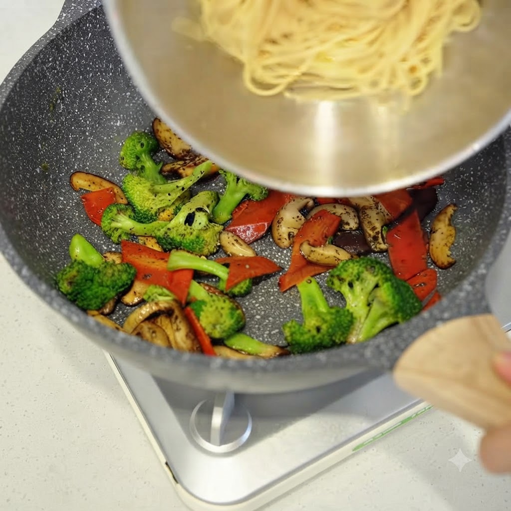 Ugotowane spaghetti dodawane z miski na patelnię z podsmażonymi warzywami.