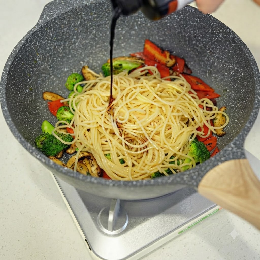 Ciemny sos sojowy wlewany z butelki na spaghetti i mieszane warzywa w szarej patelni.