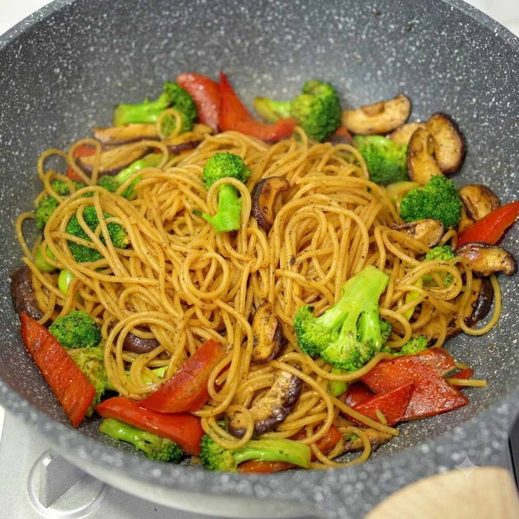 Smażone spaghetti z brokułami, grzybami i czerwoną papryką w woku tuż przed podaniem.