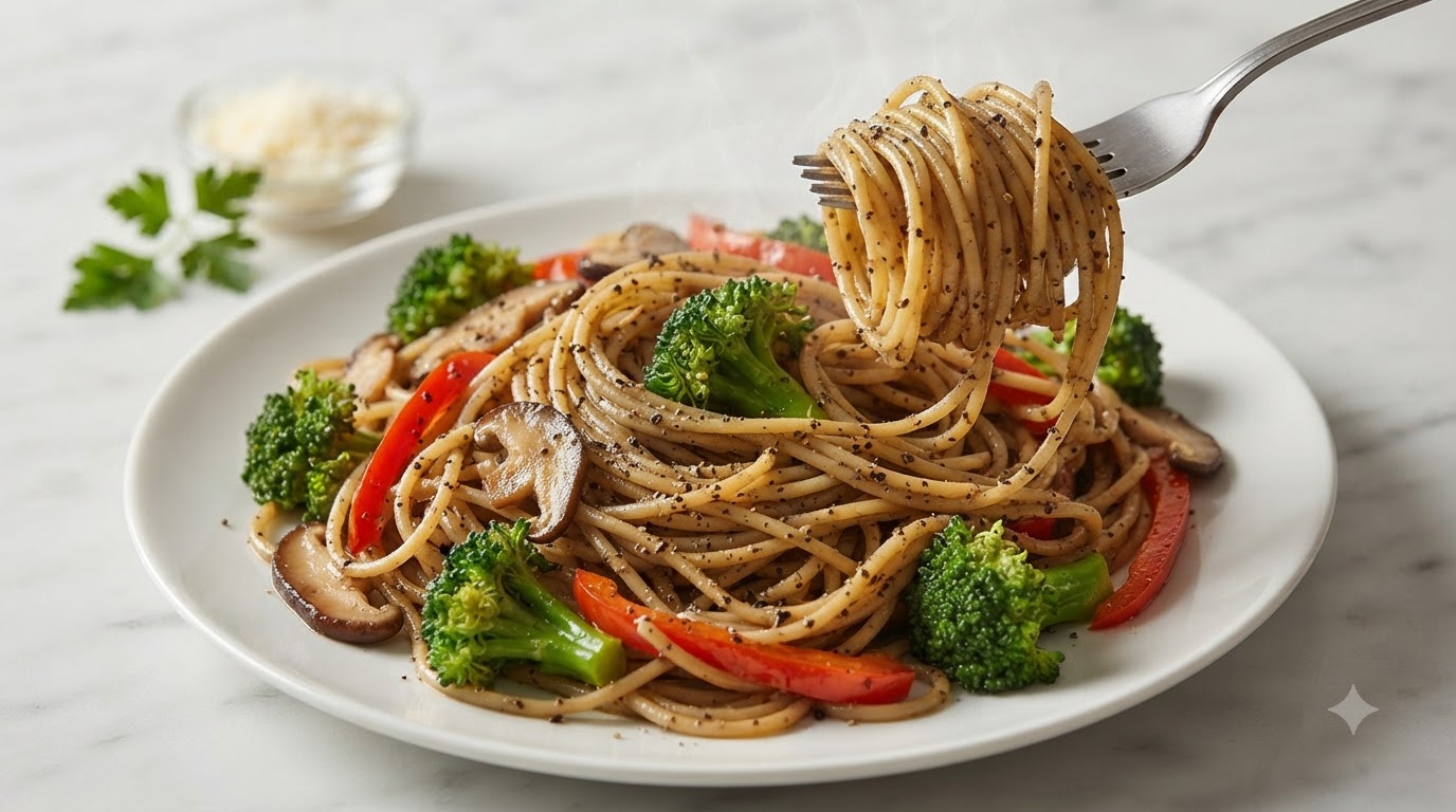 Biały talerz wegańskiego spaghetti z czarną truflą, wymieszanego z różyczkami brokułów, grzybami shiitake i paskami czerwonej papryki, oprószonego czarnym pieprzem.