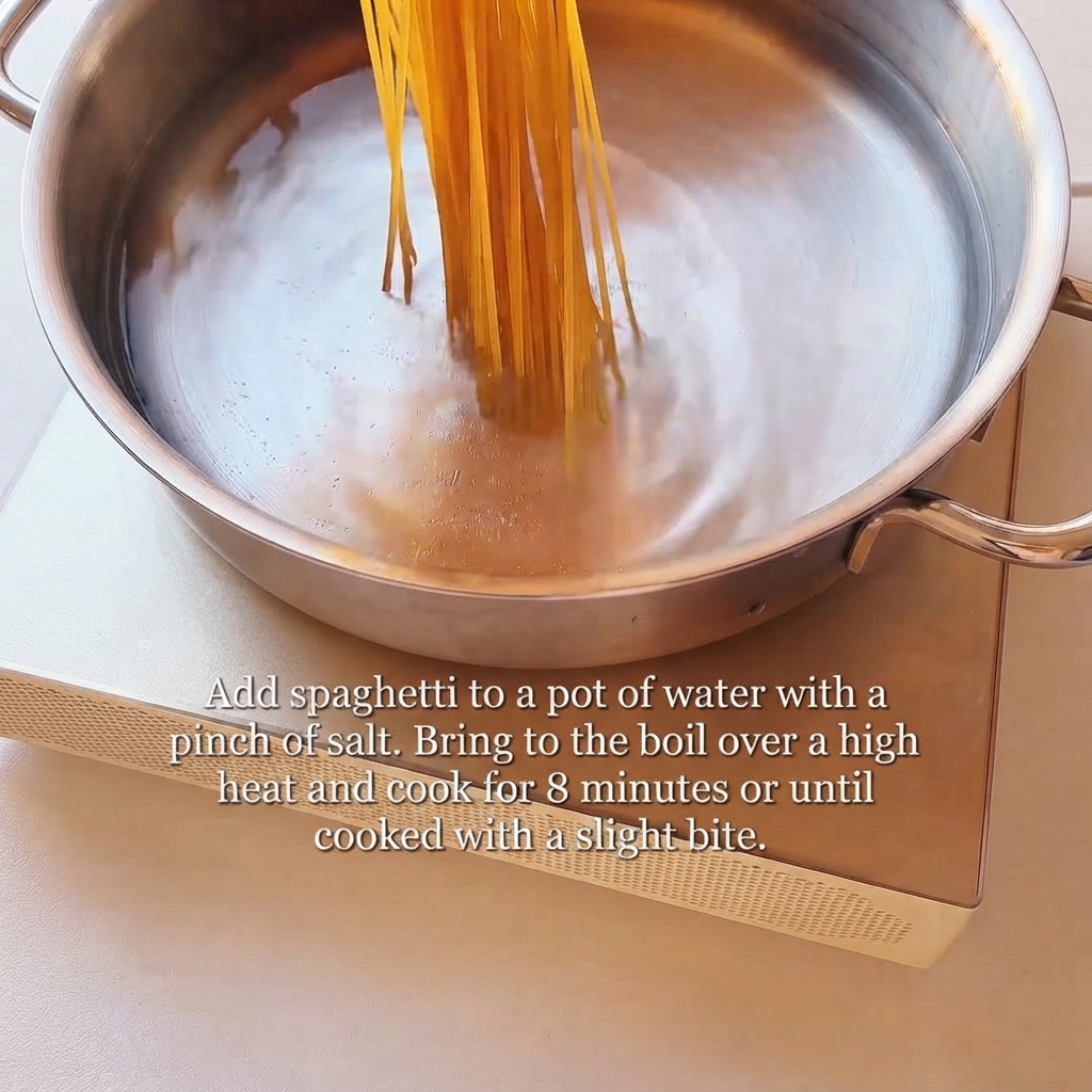 Nodle spaghetti zanurzane w garnku z gotującą się wodą.