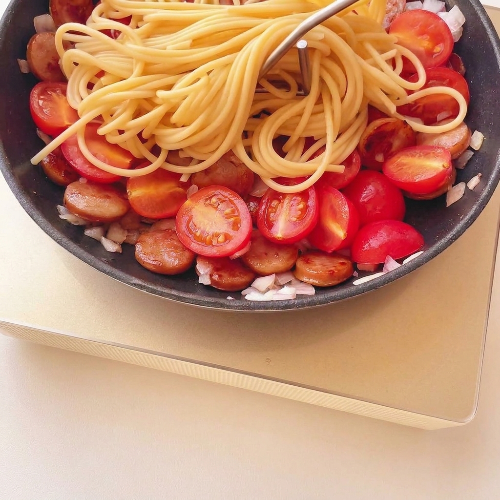 Nodle spaghetti leżące na wierzchu mieszanki pomidorowo-parówkowej na patelni.