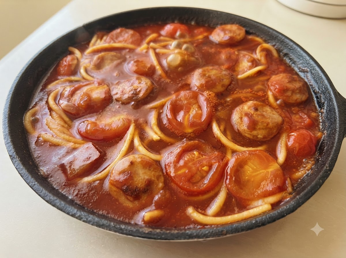 Bogaty czerwony sos do makaronu duszący się ze spaghetti, plasterkami parówek i pomidorami na patelni.