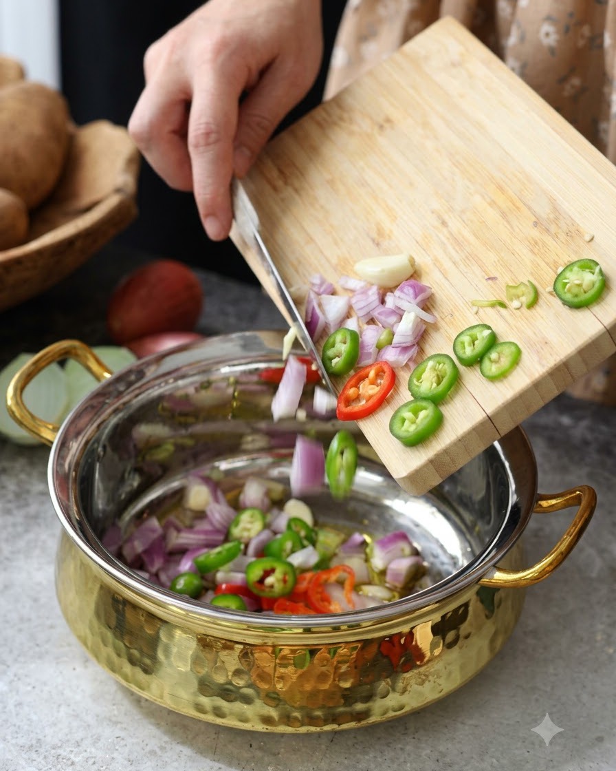 Pokrojone jalapeno i czerwona cebula zsuwane z drewnianej deski do krojenia do metalowego garnka z gorącym olejem.