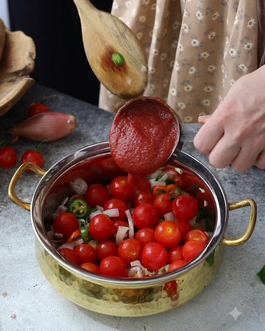 Puree pomidorowe wlewane z kubka z miarką do garnka wypełnionego pomidorkami koktajlowymi i podsmażonymi warzywami.
