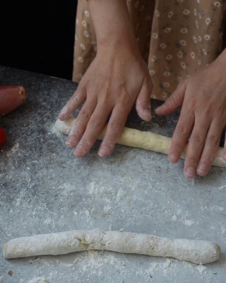 Ręce zwijające kawałek ciasta gnocchi w długi wałek na oprószonej mąką szarej powierzchni.