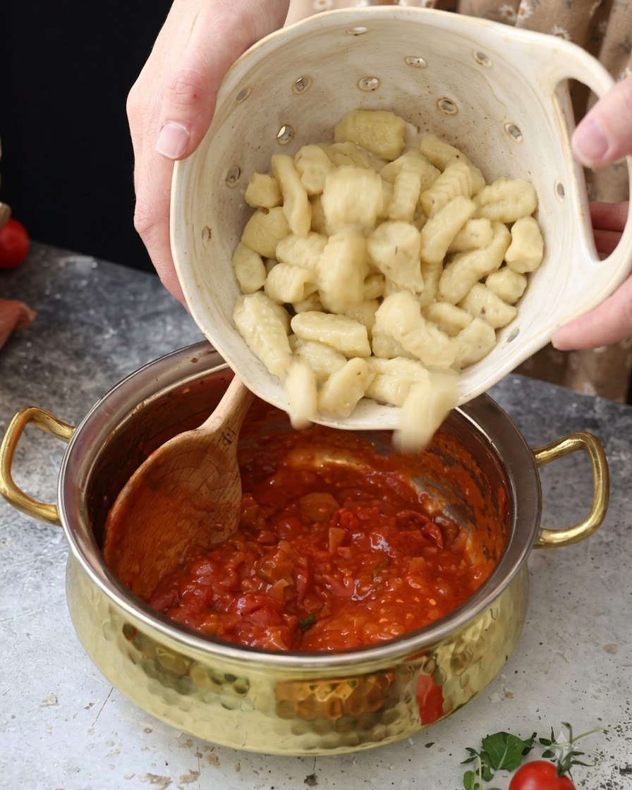 Ugotowane gnocchi wlewane z ceramicznego durszlaka do garnka z czerwonym sosem pomidorowym.