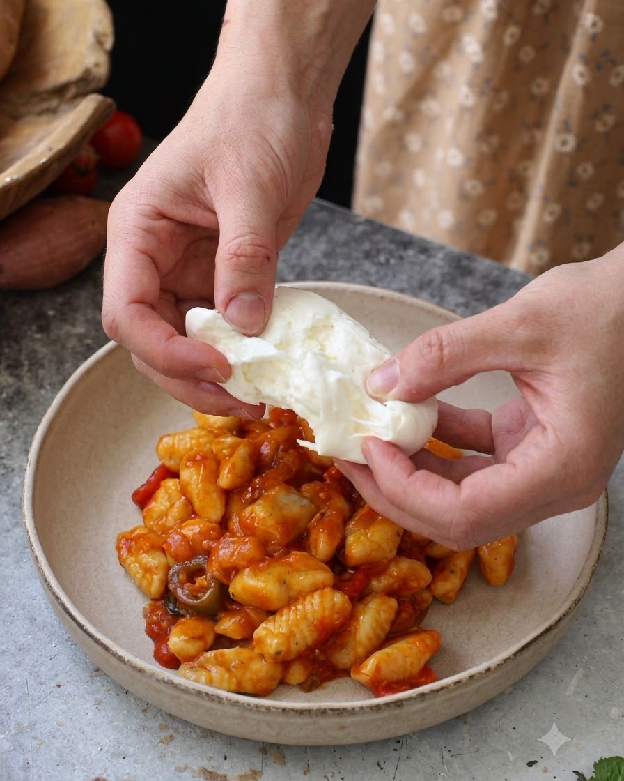 Ręce rwące świeży biały ser burrata nad talerzem gnocchi w sosie pomidorowym.