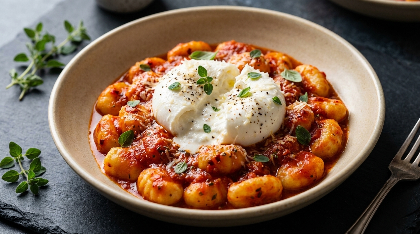 Domowe gnocchi ziemniaczane z pikantnym sosem pomidorowym i burratą