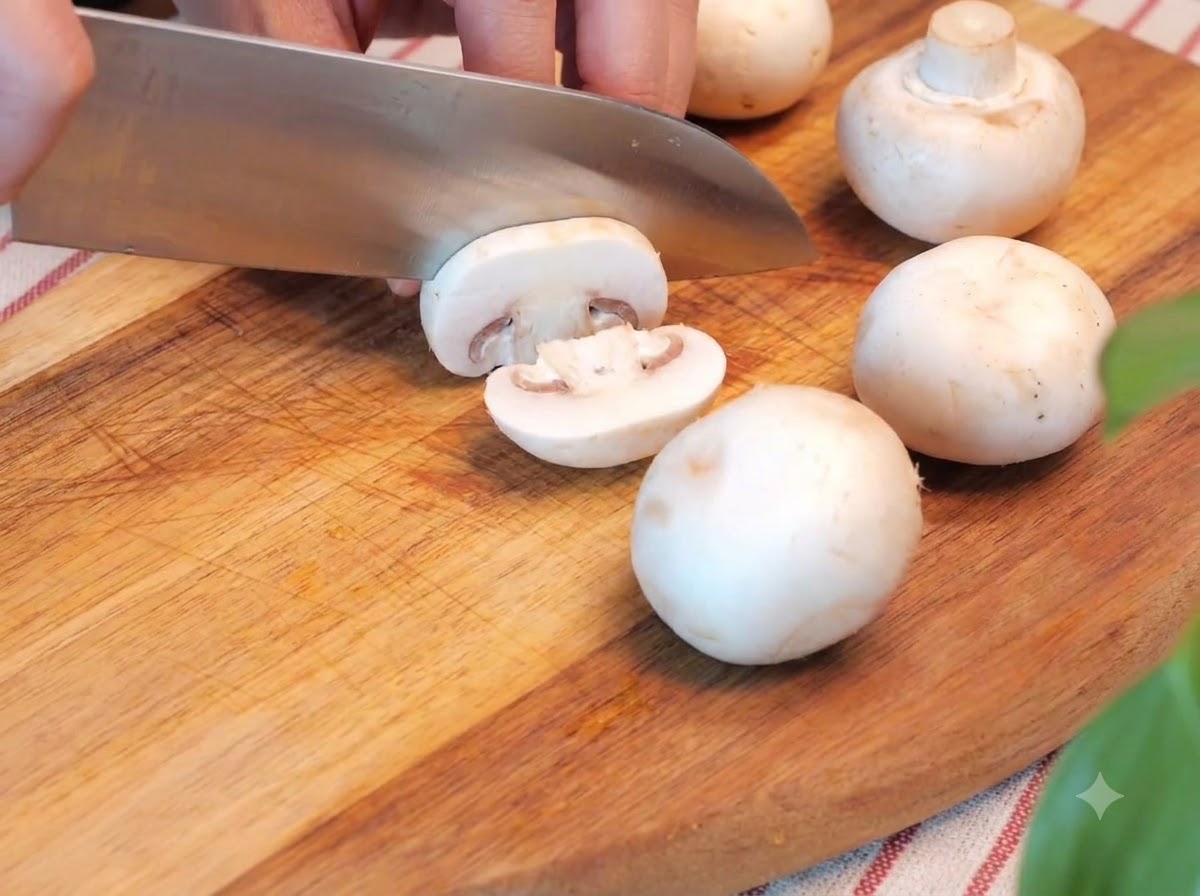 Nóż kuchenny krojący białe pieczarki na drewnianej desce do krojenia obok przepołowionych klopsików wołowych i pomidorków cherry.