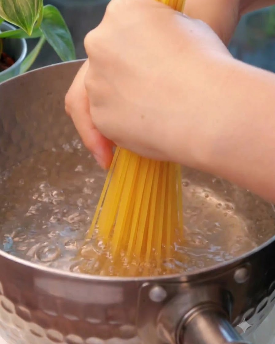 Ręce trzymające wiązkę suchego spaghetti i opuszczające ją do garnka z bulgoczącą wrzącą wodą.