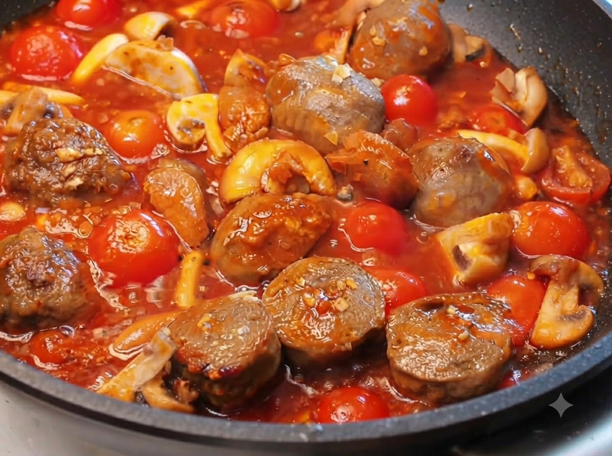 Ugotowane kluski spaghetti mieszane na patelni wypełnionej bogatym sosem pomidorowym, pieczarkami i klopsikami wołowymi.
