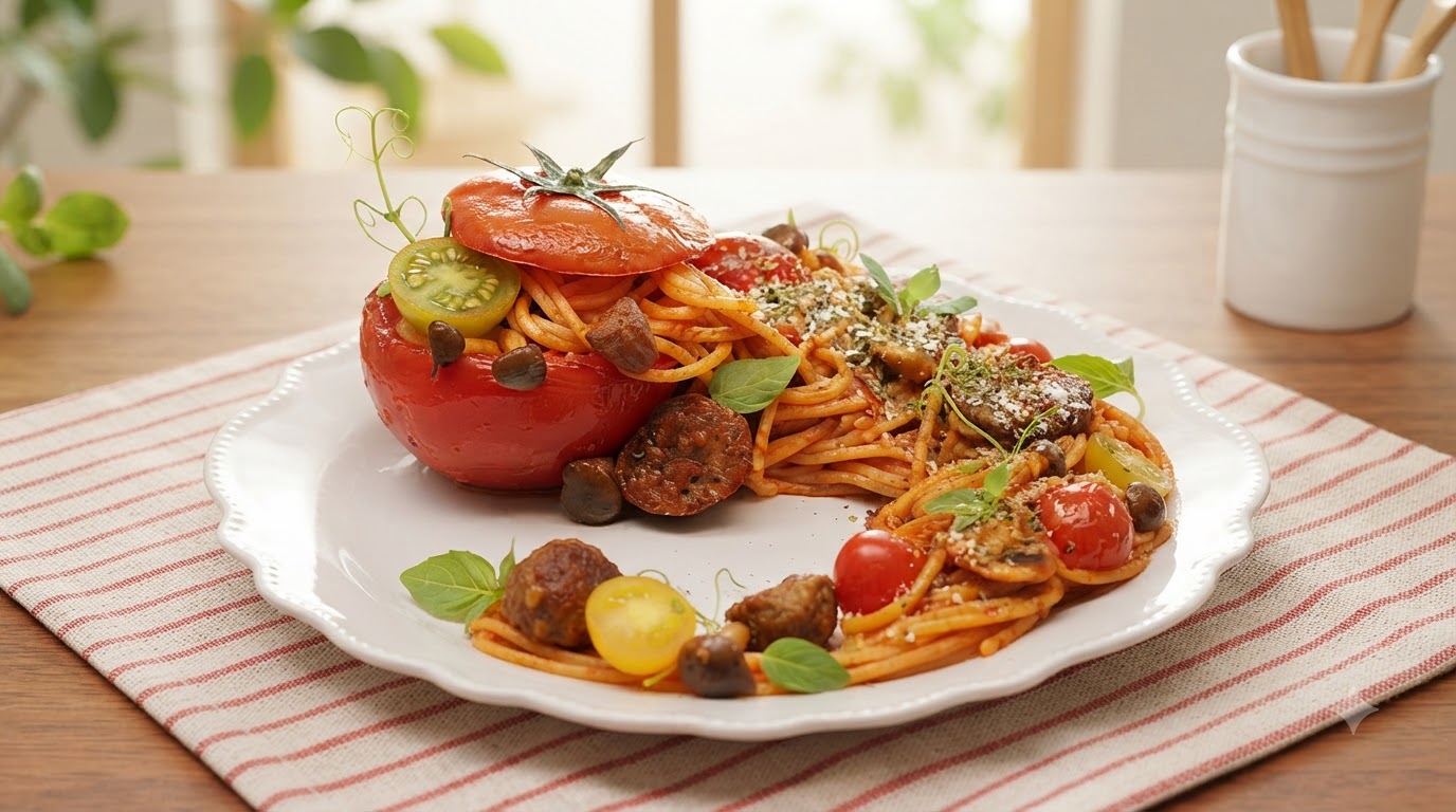 Spaghetti z pomidorowymi klopsikami wołowymi w pieczonej miseczce z pomidora