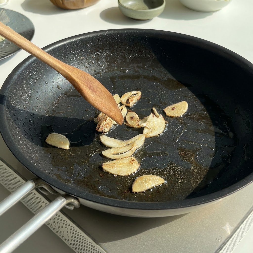 Pokrojony czosnek i posiekana cebula podsmażane na patelni za pomocą drewnianej łopatki.