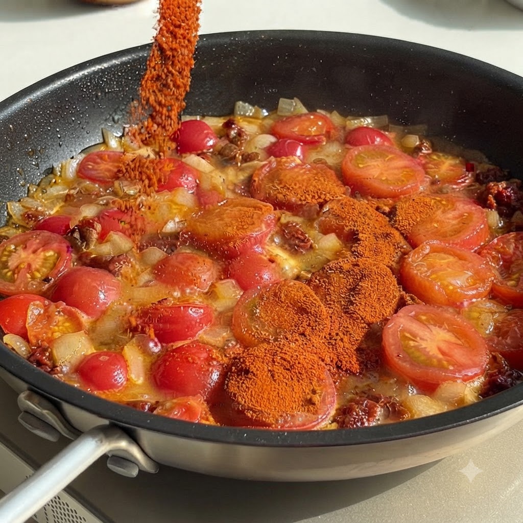 Chili w proszku wsypywane z pojemnika do bulgoczącej patelni z pomidorami i cebulą.