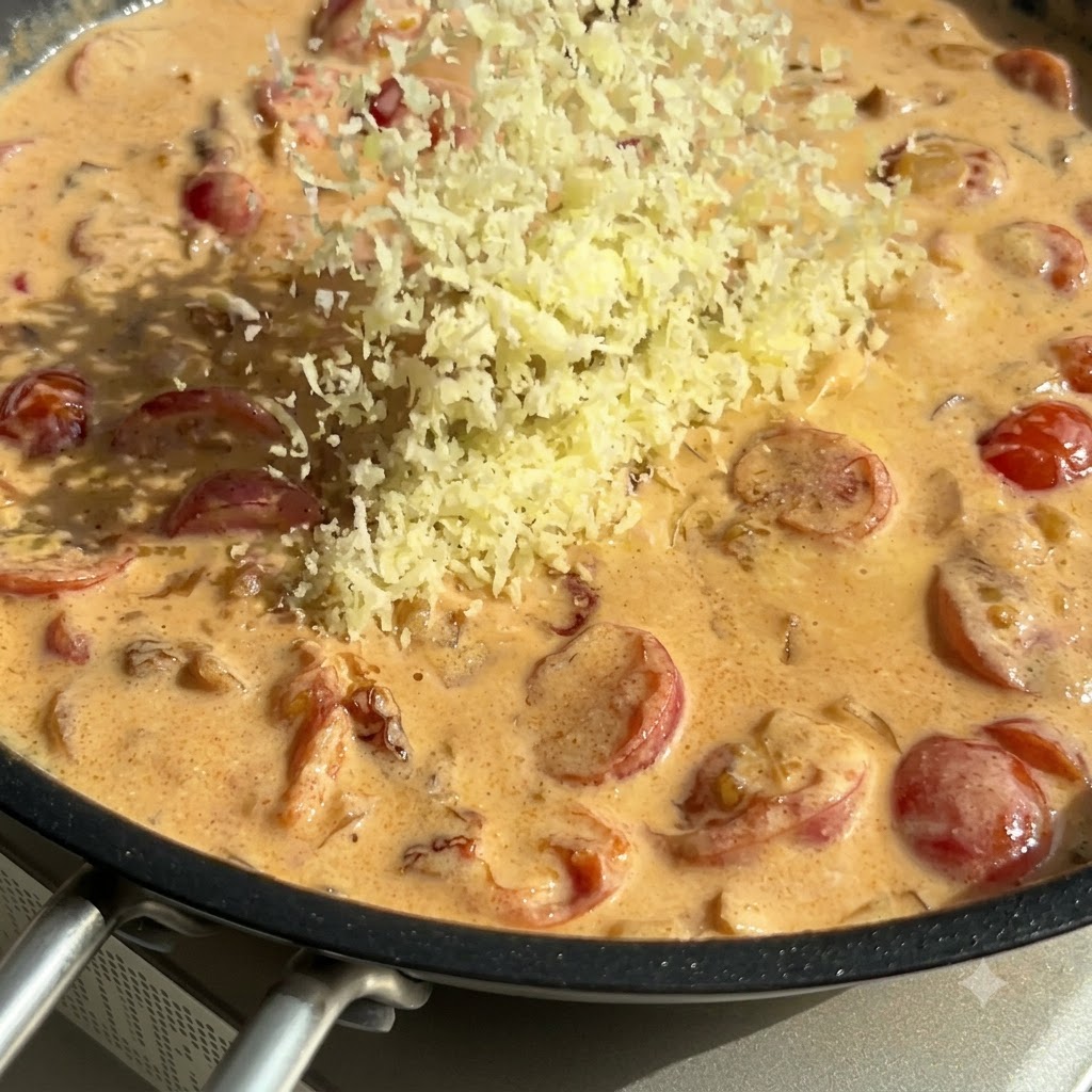 Starty ser parmezan posypywany na kremowy, pomarańczowy sos na patelni, obok leży drewniana łopatka.