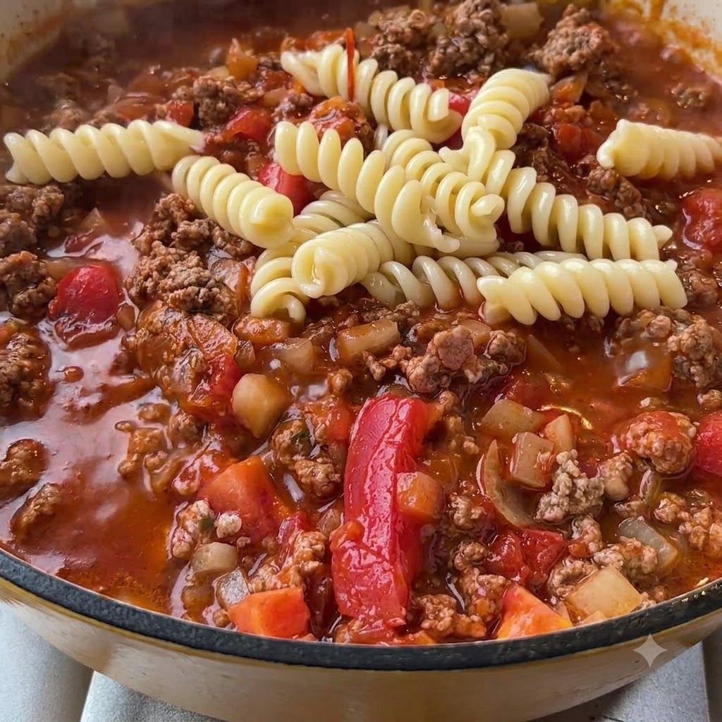 Ugotowany spiralny makaron fusilli spoczywający na wierzchu bulgoczącego, bogatego czerwonego sosu mięsno-pomidorowego.