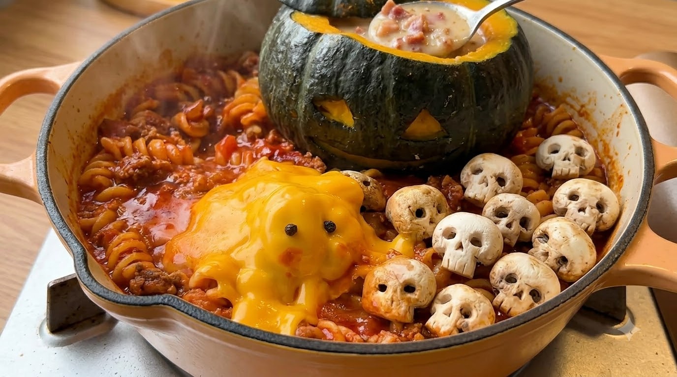 Upiorny makaron pomidorowy z wołowiną i kremową zupą z dyni na Halloween