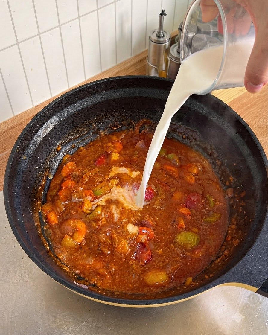 Mleko wlewane z szklanego dzbanka miarowego do patelni z duszącym się sosem pomidorowo-warzywnym.
