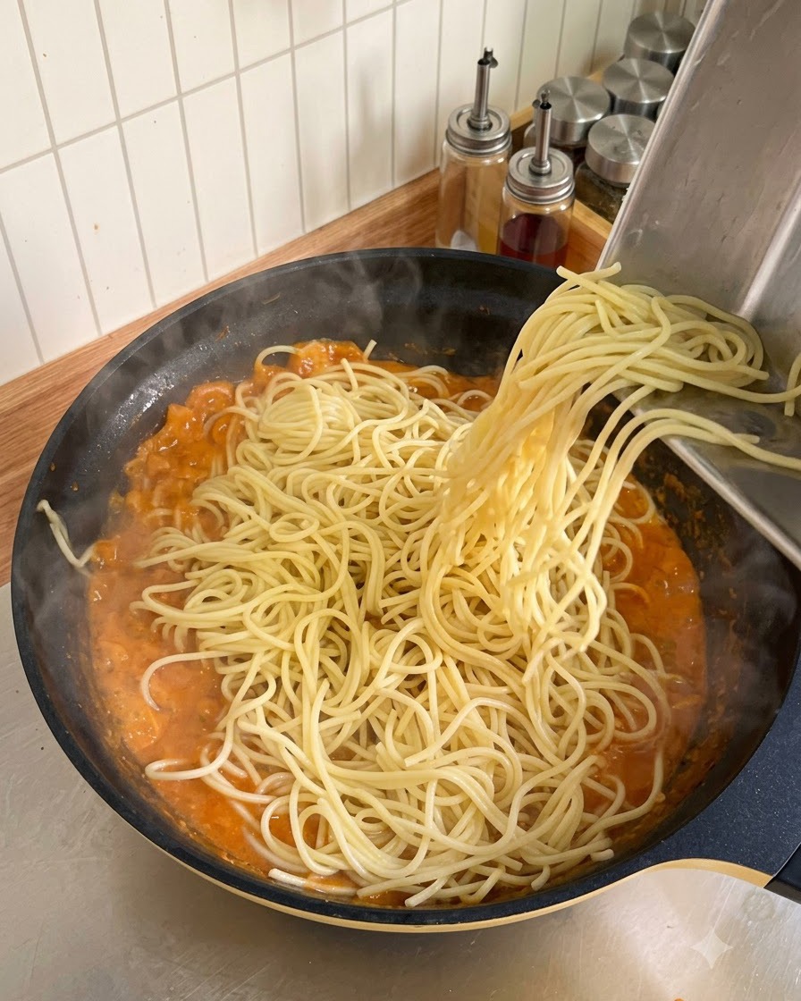 Ugotowane nitki spaghetti zsuwane z metalowej tacy do dużej patelni z kremowym sosem pomidorowym.