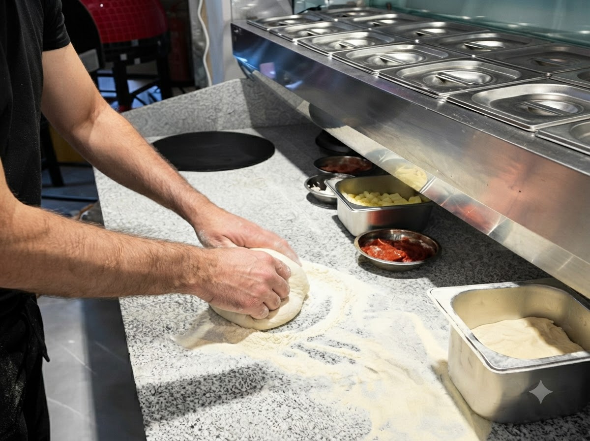 Zbliżenie na dłonie rozciągające kulę ciasta na pizzę na oprószonym mąką blacie.