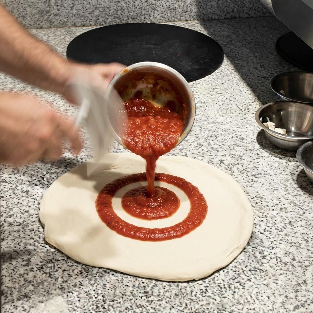 Kawałki suszonych pomidorów rozsypywane na cieście do pizzy.