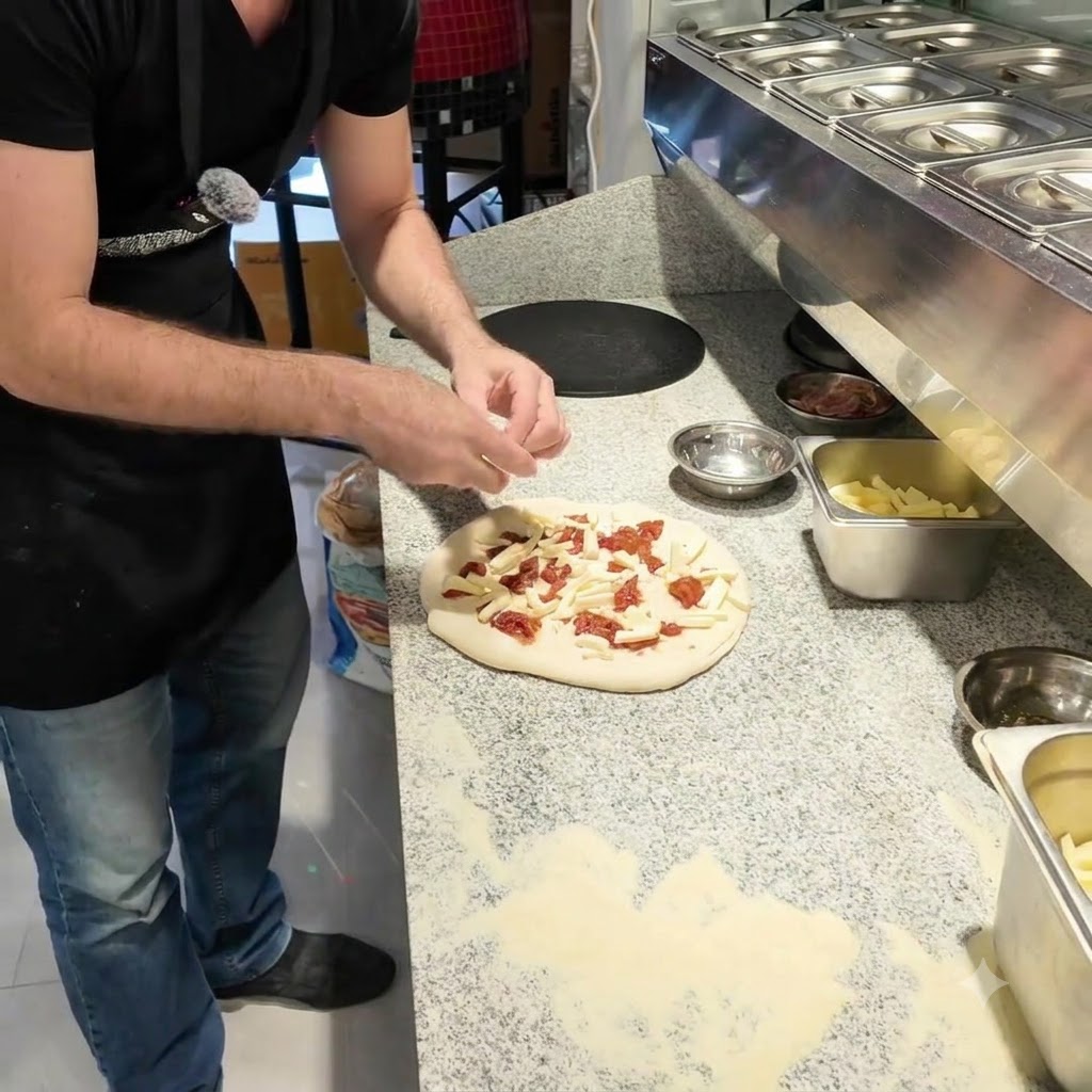 Kawałki świeżego koziego sera układane ręcznie na pizzy.
