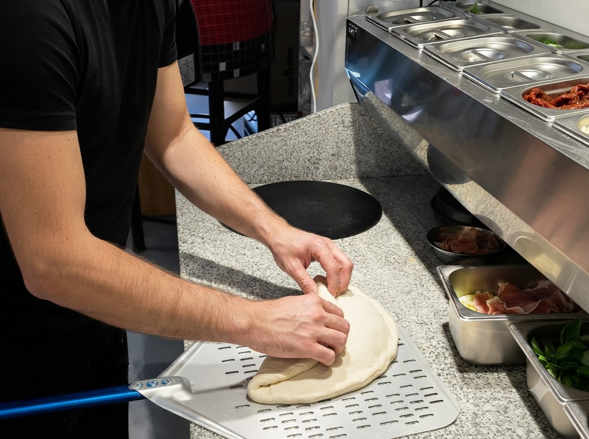 Pizza na metalowej łopacie wsuwana do pieca opalanego drewnem.