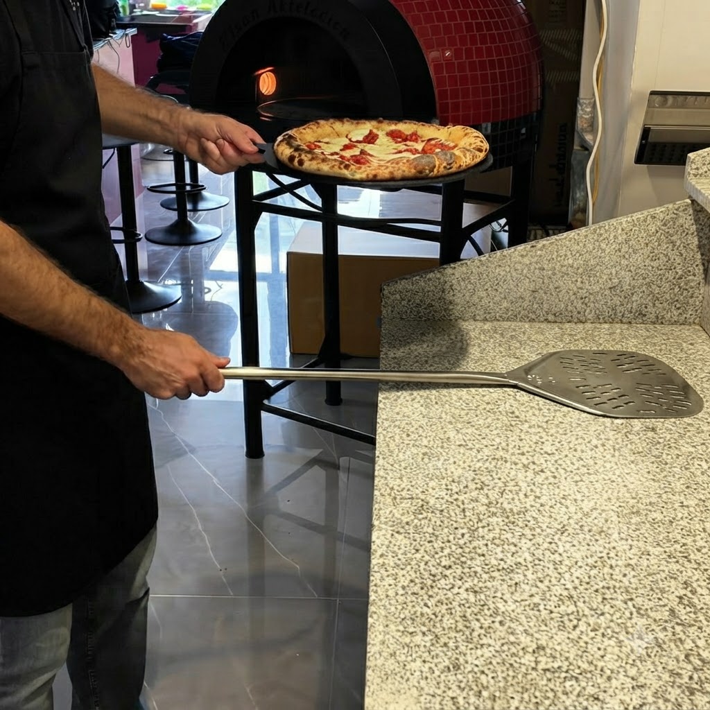 Świeżo upieczona pizza obok pieca z metalową łopatą na blacie.
