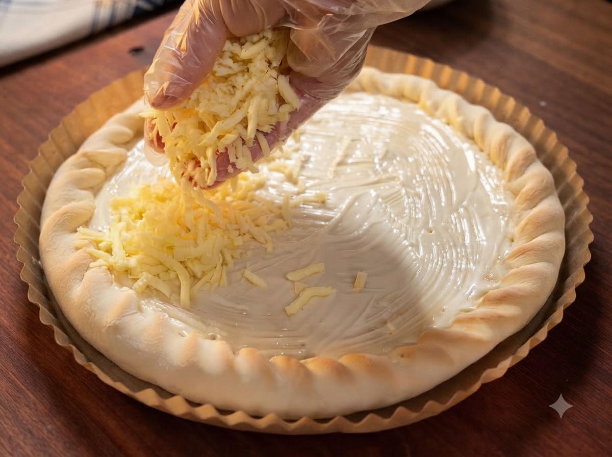 Ręka w rękawiczce posypująca starty ser mozzarella na spód pizzy pokryty dressingiem.