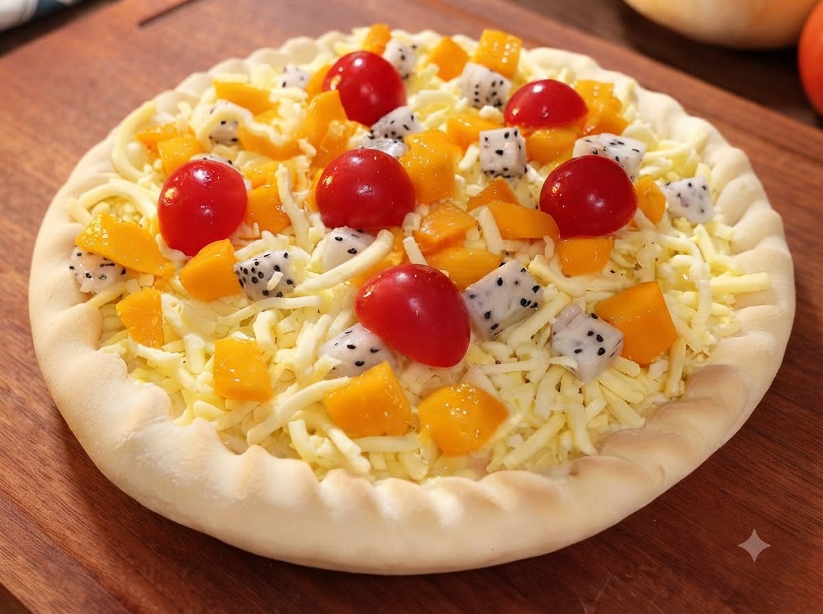 Pizza pokryta grubą warstwą startego sera mozzarella ułożoną na owocach, gotowa do pieczenia.
