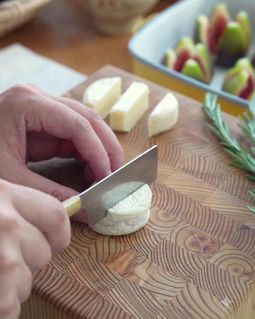 Nóż kuchenny krojący okrągły krążek mini sera brie na drewnianej desce.