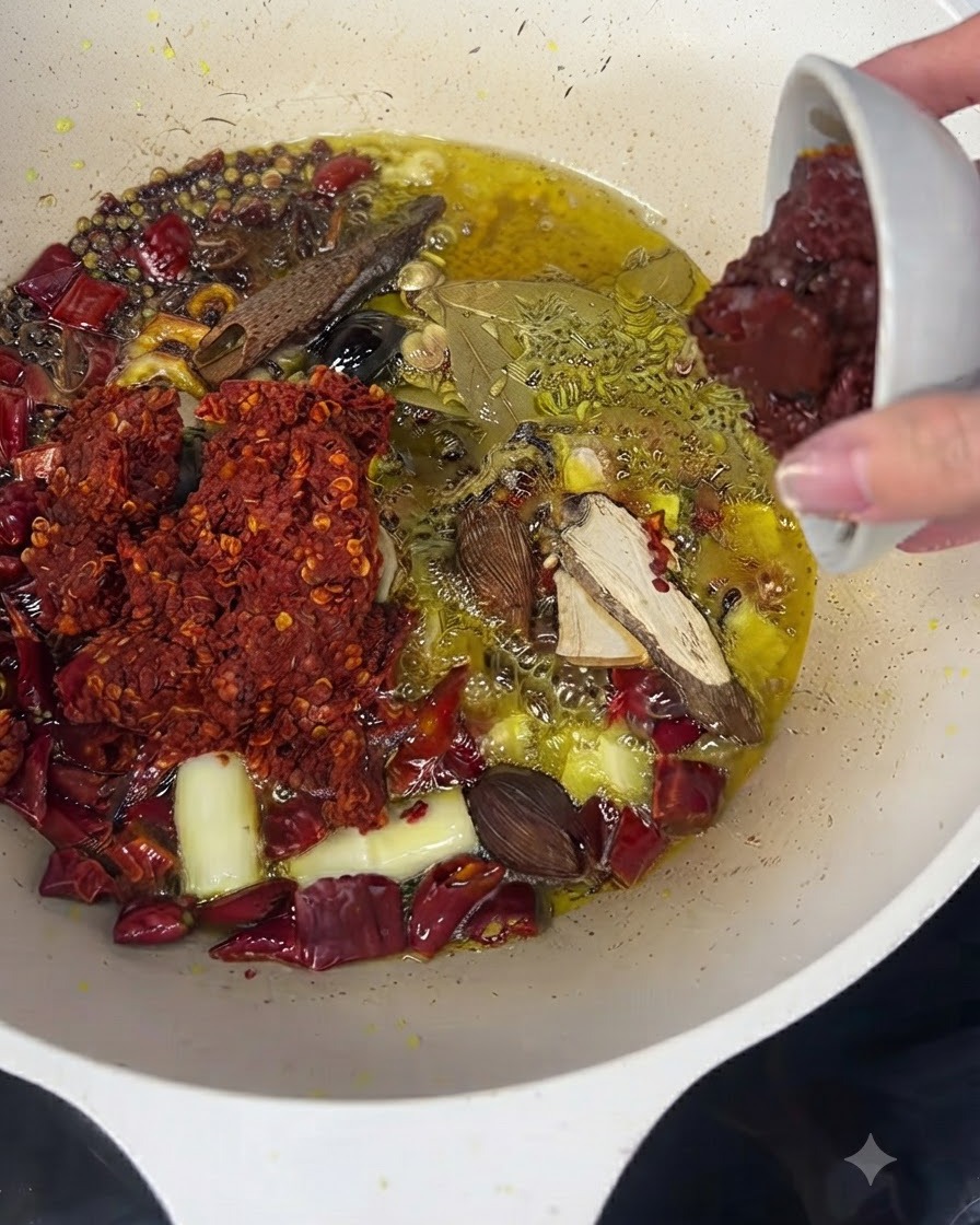 Ciemnoczerwona pasta doubanjiang przekładana z małej białej miski do skwierczących przypraw.