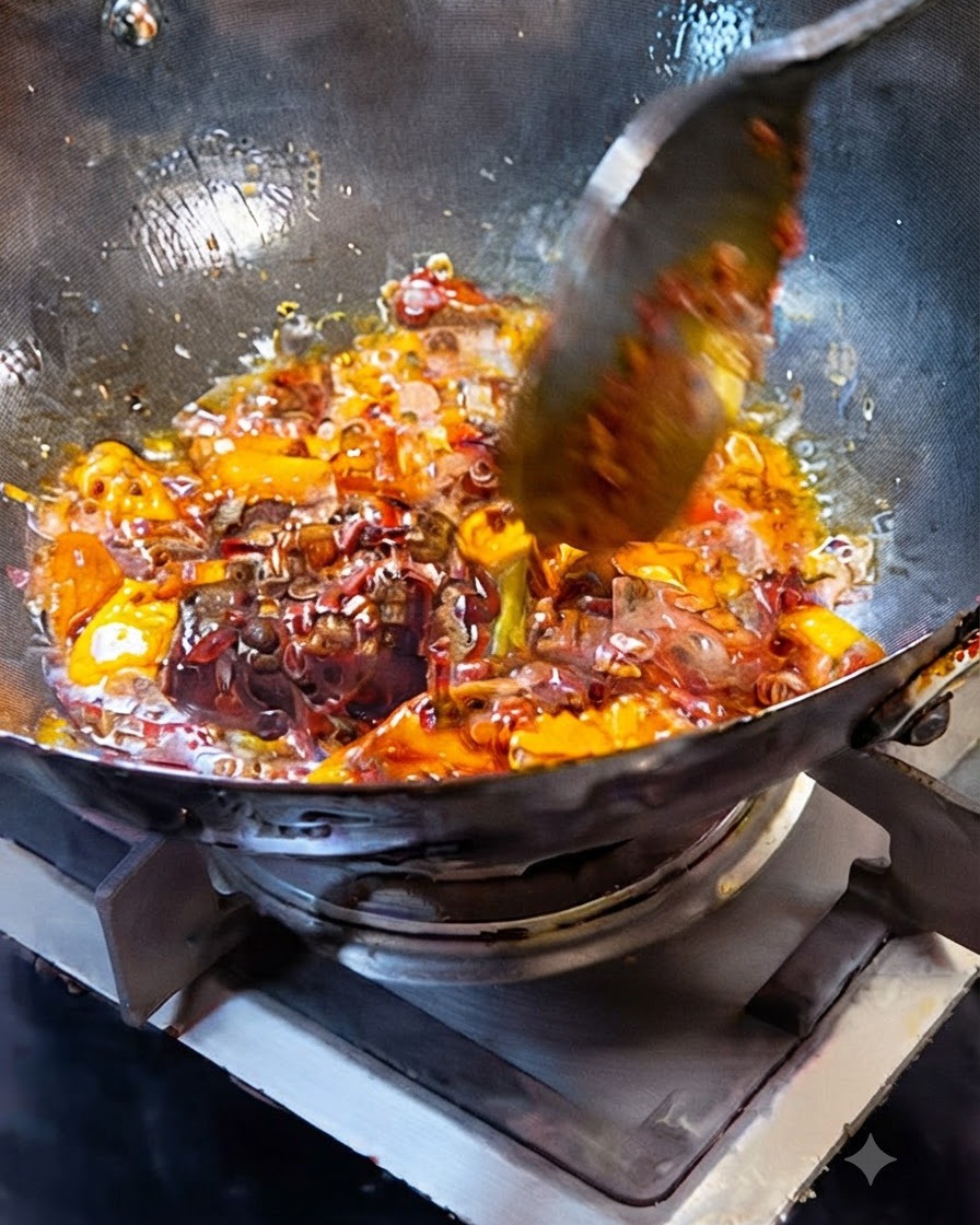 Pikantna pasta, przyprawa do hot pot i aromaty skwierczące w oleju w woku.