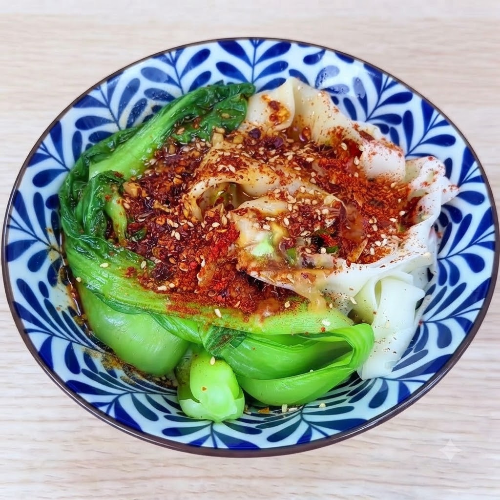 Gorący olej wlewany na kopczyk z chili w proszku i aromatów, powodując ich skwierczenie w misce.