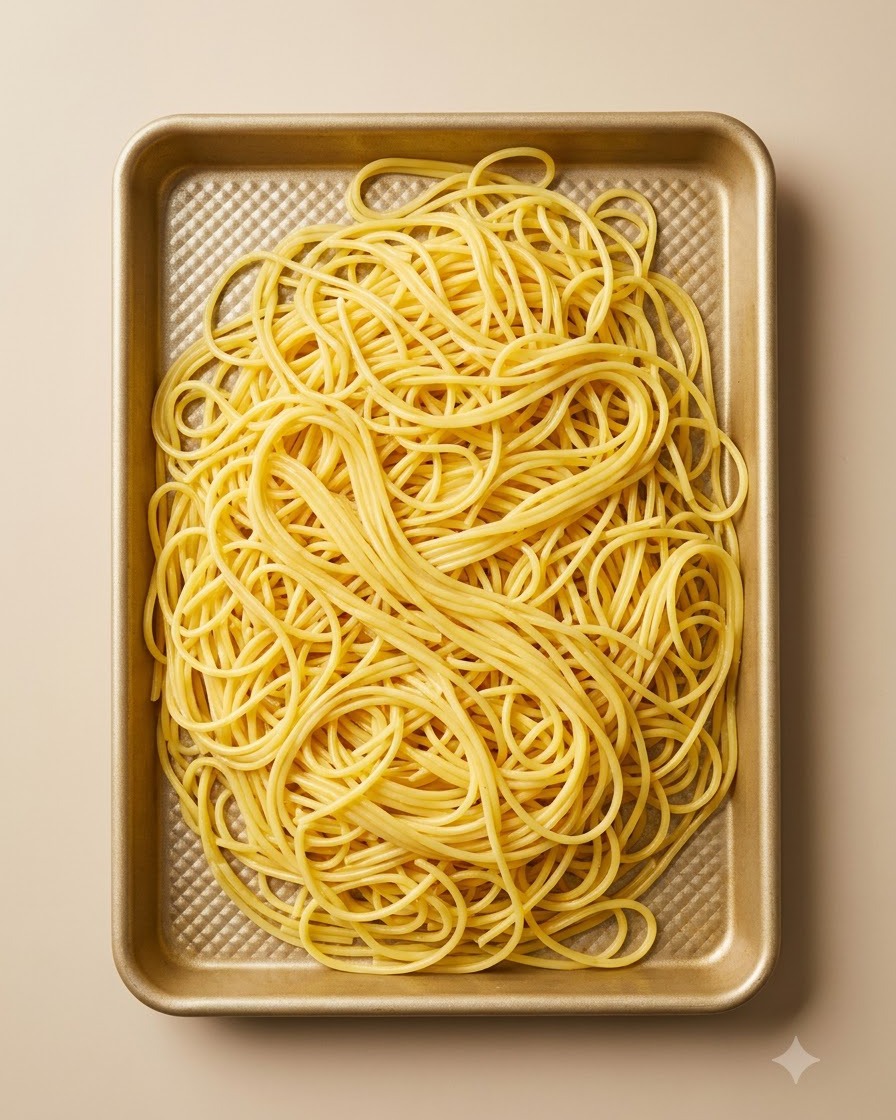 Ugotowany makaron przypominający spaghetti rozłożony na złotej blasze do pieczenia po odcedzeniu.