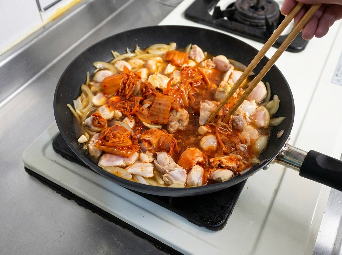 Kimchi mieszane w duszącym się bulionie z kurczakiem i cebulą za pomocą drewnianych pałeczek.