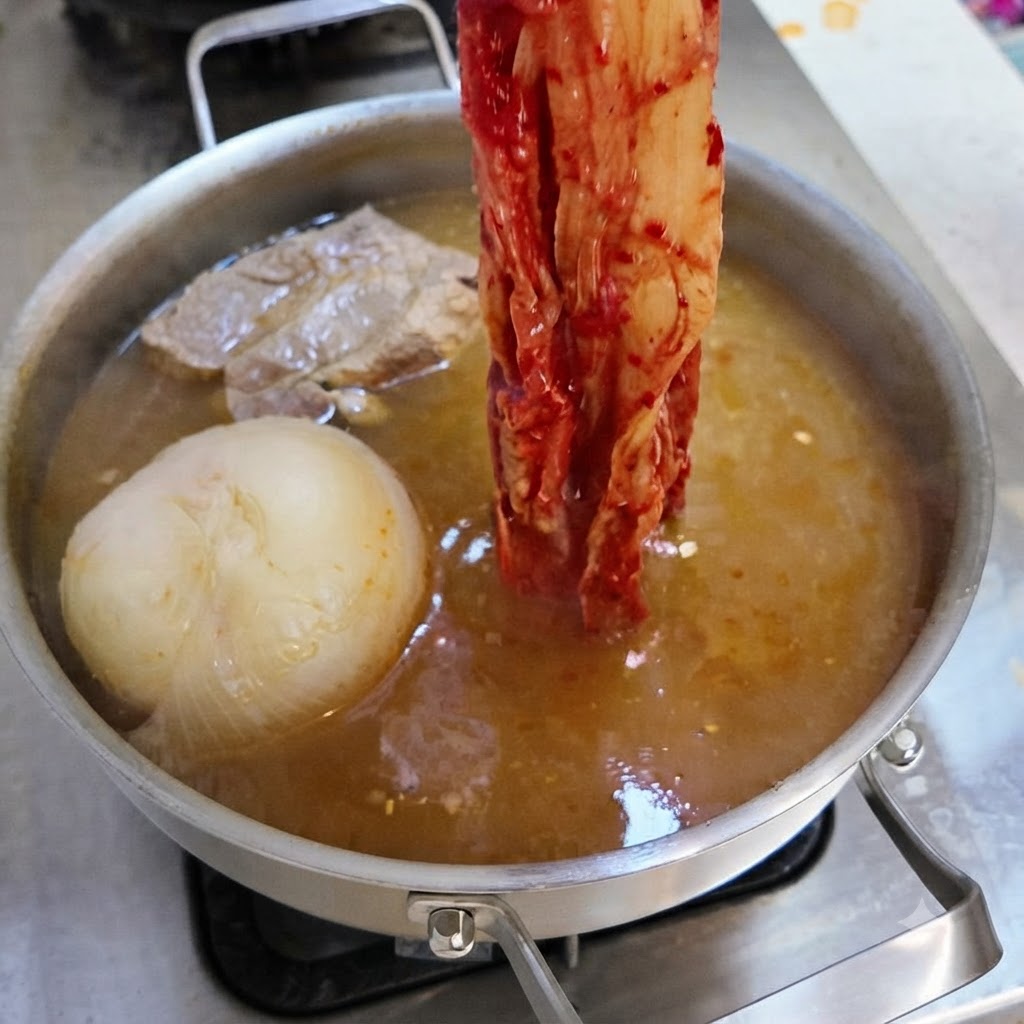 Długi pas czerwonego, sfermentowanego, pikantnego kimchi wrzucany do bulgoczącego bulionu.