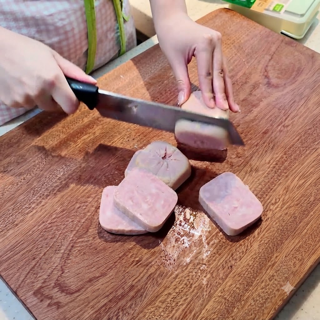 Luncheon meat i miękkie tofu krojone na porcje na drewnianej desce do krojenia.