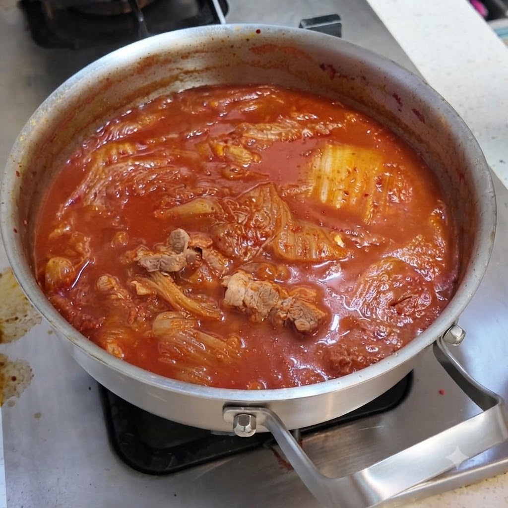 Plastry ugotowanej wieprzowiny, mielonki i miękkiego tofu ułożone równo w bulgoczącym czerwonym bulionie z kimchi.