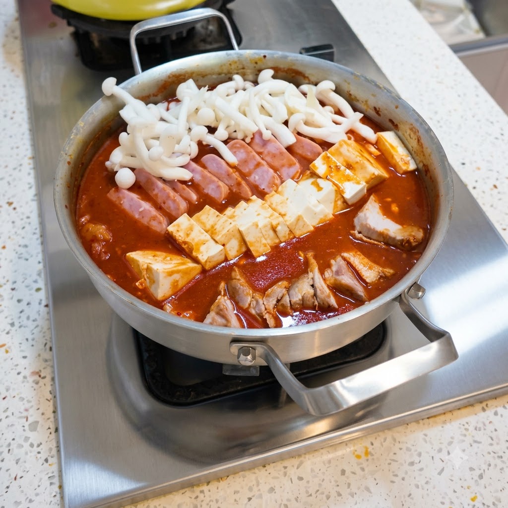Świeże białe grzyby układane na uwarstwionych składnikach z tofu, mięsa i kimchi w garnku.