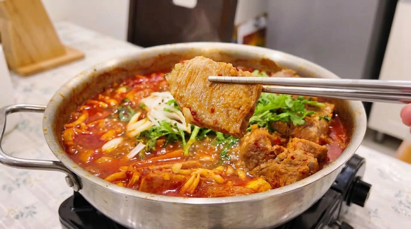 Tradycyjny koreański garnek gorący z kimchi i wieprzowiną (Kimchi Jjigae)
